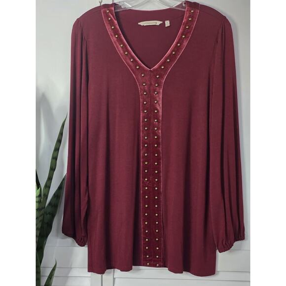 SOFT SURROUNDINGS Adornment Tunic Medium Red With Velvet Neckline Embellished - Picture 3 of 8